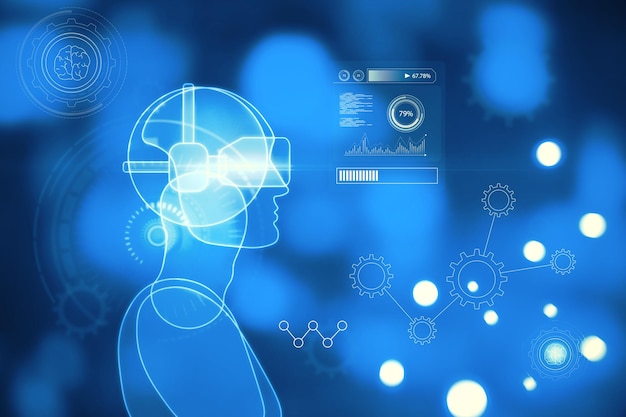 Résumé blue guy ou contour de robot avec des lunettes VR sur fond flou bokeh avec des graphiques et diverses icônes Réalité virtuelle et concept de métaverse Rendu 3D
