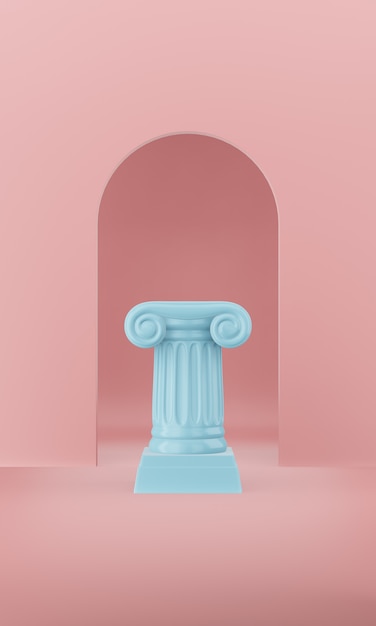 Résumé colonne bleu podium sur le fond rose avec arc. Le piédestal de victoire est un concept minimaliste. Rendu 3D.