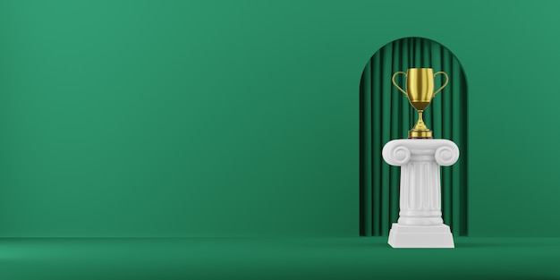 Résumé colonne podium avec un trophée d'or sur le fond vert avec rendu 3D arch