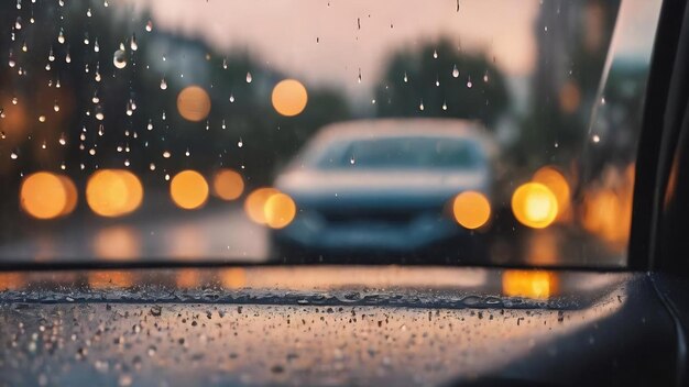 Résumé défocalisé des gouttes de pluie sur le verre de la voiture et l'arrière-plan bokeh