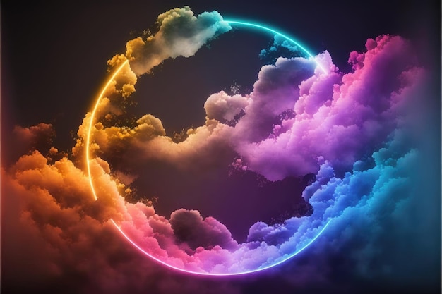 Résumé du cadre de cercle de nuages lumineux éclairé par une lumière au néon sur la vue du ciel