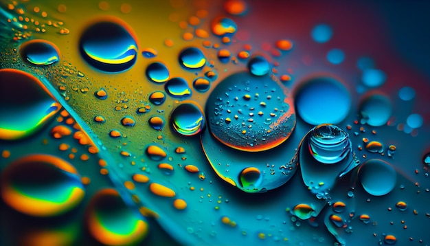 Photo résumé fond coloré lumineux avec des gouttes d'huile et d'eau dans des tons bleus et turquoises macro générer ai
