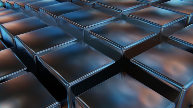 Résumé fond cubique numérique de carrés métalliques de couleur bleue réflexion espace numérique rendu 3d