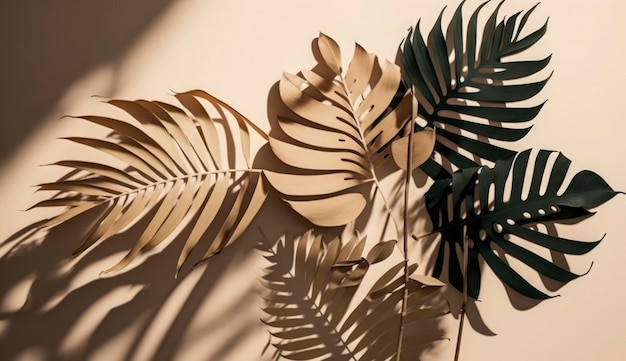 Résumé fond avec des feuilles de palmiers tropicaux ombre sur mur beige Creative design minimaliste avec copie espace Concept d'été mise à plat Générer Ai