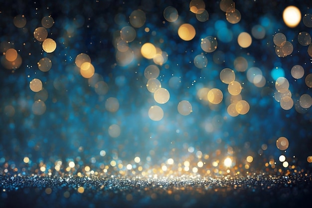 Résumé fond de Noël défocalisé paillettes dorées brillantes avec fond bleu