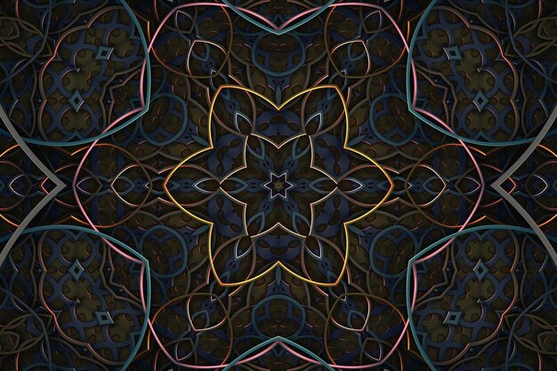 Résumé de fond d'ornement rétro vintage sombre, éléments de motif symétrique géométrique incurvé, effet kaléidoscope