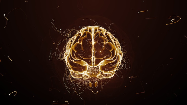 Photo résumé de fond de rendu 3d avec un cerveau entouré de particules avec des sentiers tordus. les traînées et les particules sont des idées symoïsantes.