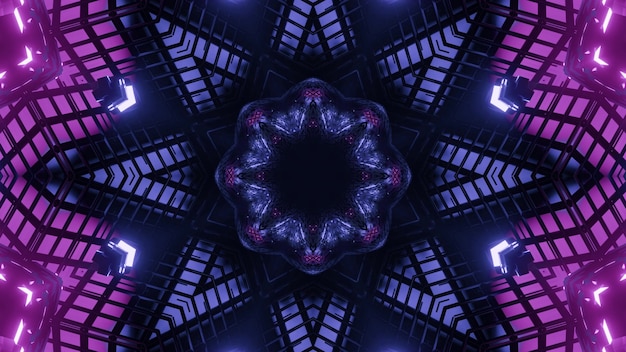 Résumé fond de tunnel en forme d'étoile kaléidoscopique avec des formes géométriques éclairées par des couleurs néon bleu et violet