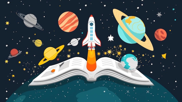 Résumé d'illustration d'un livre ouvert avec des éléments de fusée et d'espace à l'arrière-plan de style platGénéré par l'IA