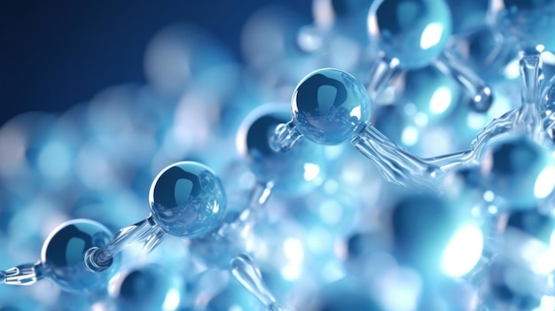 Résumé des molécules d'acide hyaluronique Structure moléculaire des produits chimiques hydratés et molécule sphérique bleue