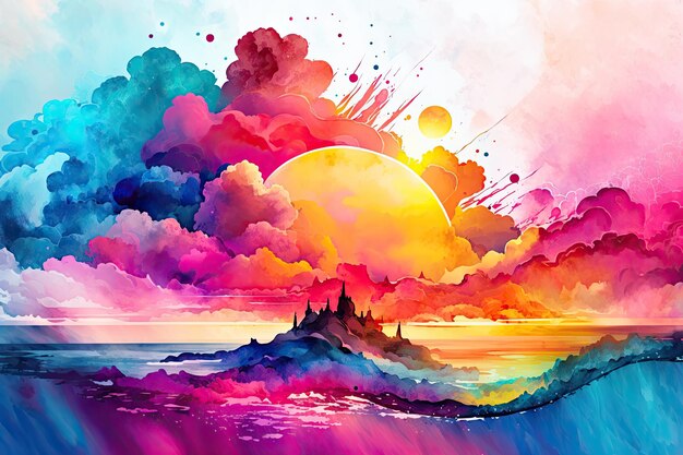 Résumé des montagnes colorées à la lumière du soleil peinture à l'aquarelle