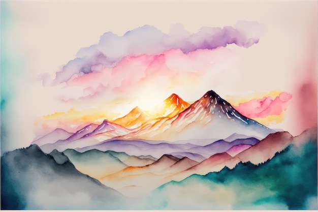 Résumé des montagnes colorées à la lumière du soleil peinture à l'aquarelle