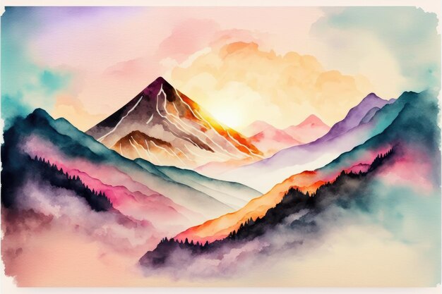 Résumé des montagnes colorées à la lumière du soleil peinture à l'aquarelle