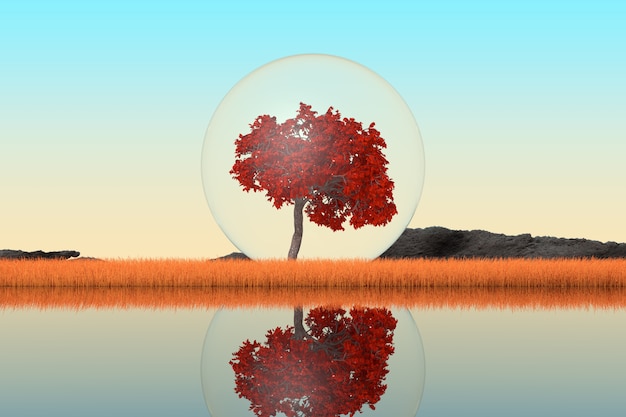 Résumé Singl Arbre d'automne à l'intérieur de la boule de verre debout dans l'herbe haute sur une rive de la rivière gros plan extrême. Rendu 3D