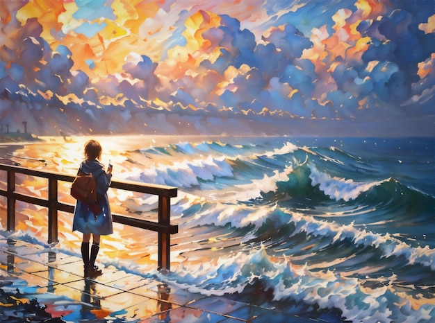 Photo résumé des vagues de la côte et de l'océan au lever ou au coucher du soleil, peinture de style impressionniste, arrière-plan généré par l'ia
