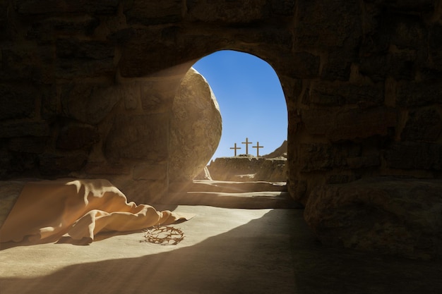 Résurrection de l'histoire biblique de Jésus-Christ La sortie de la tombe en pierre vide est inondée de lumière Une couronne de laurier jetée et un linceul sur le sol Fond religieux de Pâques rendu 3d