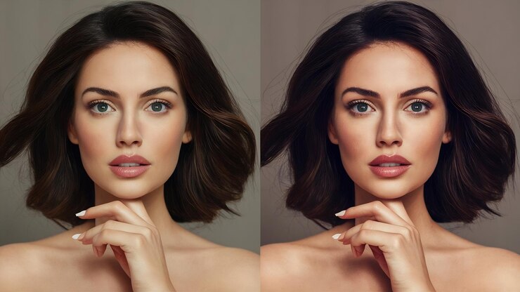 Photo retouche du visage d'une belle femme brune avant et après