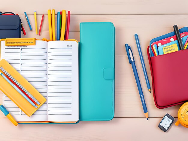 Photo retour à l'arrière-plan de l'école avec des fournitures scolaires sac à dos et accessoires pour étudiants