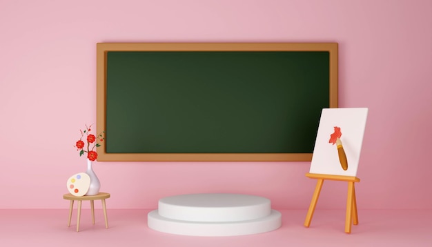 Retour à l'arrière-plan de l'éducation scolaire Podium et tableau noir Modèle de bannière de temps de marketing Rendu 3D