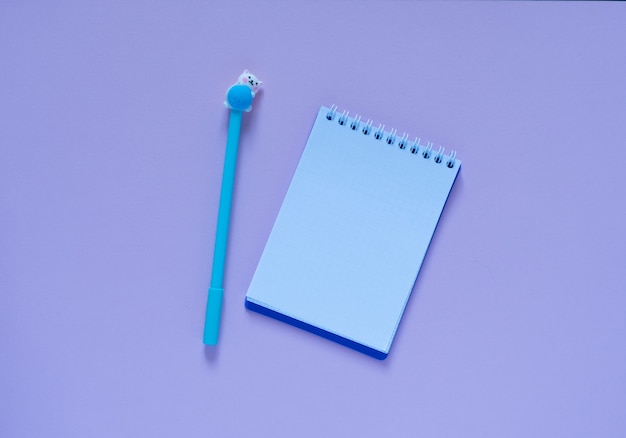 Retour au concept de l'école. Bloc-notes et stylo bleu sur fond rose. Vue d'en-haut. Mise à plat avec espace de copie.