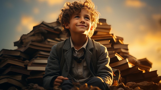 De retour aux cours Un adorable et adorable jeune travailleur est assis au sommet d'une pile de livres sur fond de soleil couchant Concept de lecture et d'éducation l'expansion de l'imagination