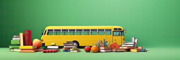 Retour à la bannière de l'école Autobus scolaire drôle avec des livres et des accessoires sur fond vert avec espace de copie