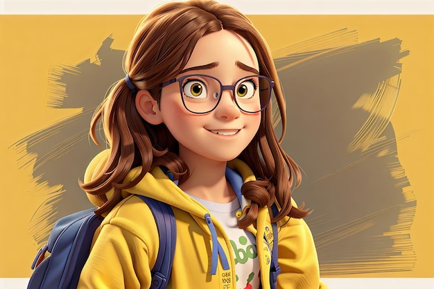 Retour à l'école adolescente enfant fille avec des lunettes et un sac d'école sur jaune