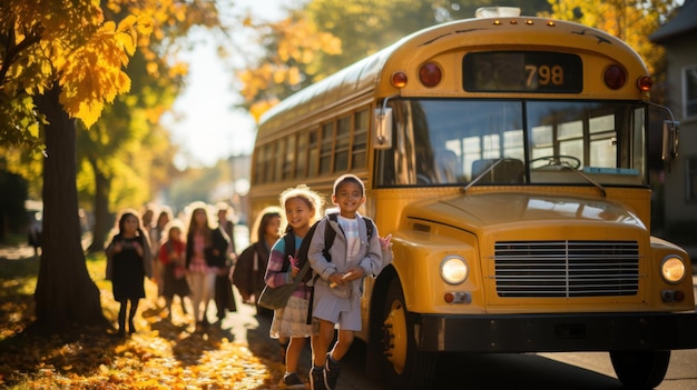 Retour à l'école Écoliers écoliers mignons et autobus scolaire dans le parc en automne