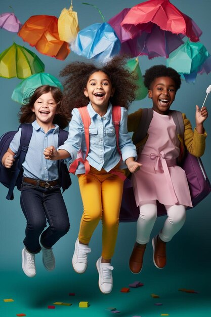 Photo retour à l'école collage d'enfants de l'école sur un fond de papier mural coloré enfants avec