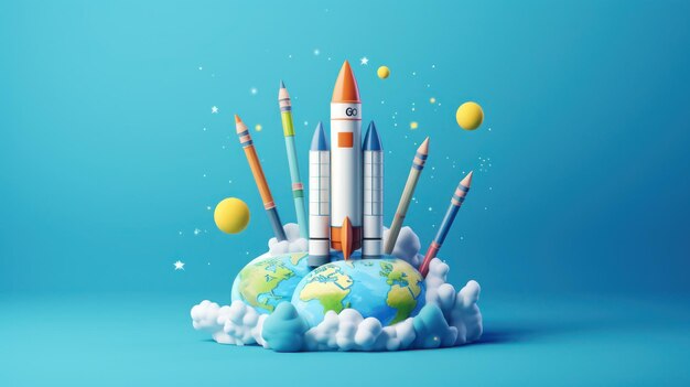 Retour à l'école concept avec globe crayons et fusée