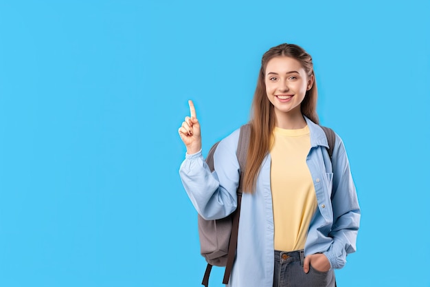 Retour à l'école concept qui comprend une étudiante debout sur un fond bleu avec un espace de copie