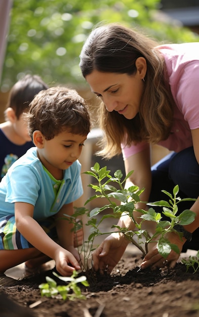 Retour à l'école diversité multiethnique enseignant et enfants jardinant ensemble à l'école ga