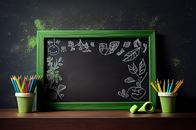 Retour à l'école Doodle sur tableau d'école vert avec espace de copie vierge Ai générative