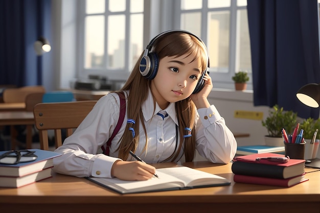 De retour à l'école, l'écolière s'assoit au bureau et écoute de la musique