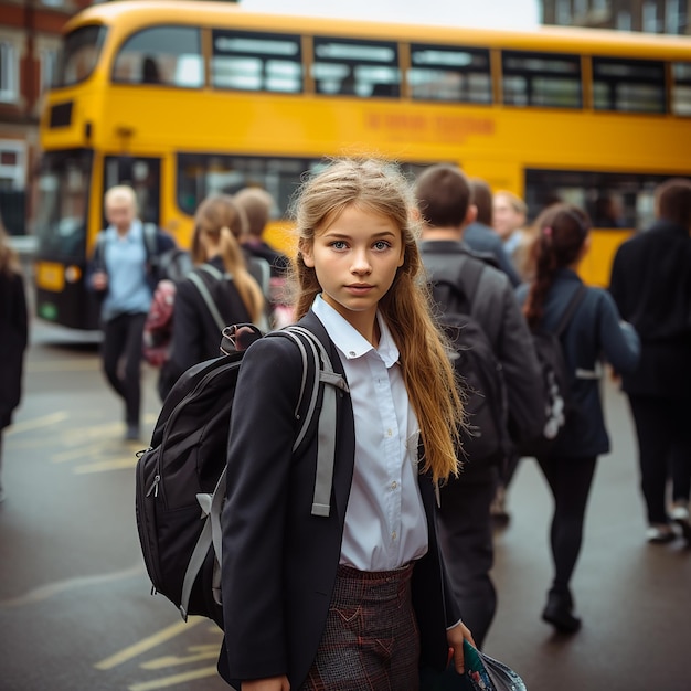 Retour à l'école des écoliers courant dans la rue dans le style ludique et franc optimisme de Por