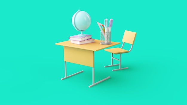 Retour à L'école Et à L'éducation. Bureau D'école, Chaise, Papeterie, Livres Et Rendu Globe.3d