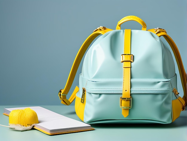 Photo retour à l'école essentiels sac à dos d'école jaune sur un fond bleu propre