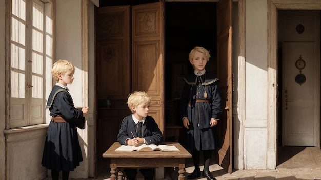 Retour à l'école un garçon dans une salle de classe dans un style de peinture d'art historique