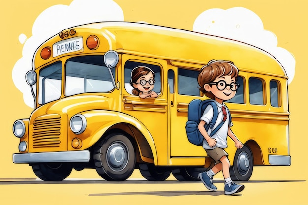 Retour à l'école garçon et fille avec des sacs à dos vont à l'université pour étudier sur le fond d'un bus jaune créé avec un logiciel d'intelligence artificielle générative