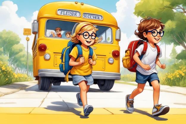 Retour à l'école garçon et fille avec des sacs à dos vont à l'université pour étudier sur le fond d'un bus jaune créé avec un logiciel d'intelligence artificielle générative