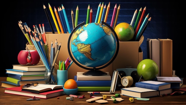 retour à l'école globe et crayons sur le bureau de l'école