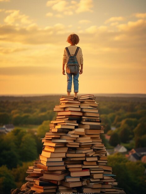 Retour à l'école heureux mignon enfant travailleur debout sur la tour des livres sur le fond du coucher de soleil