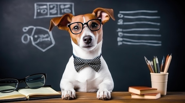 Retour à l'école mignon chien avec des lunettes à l'université