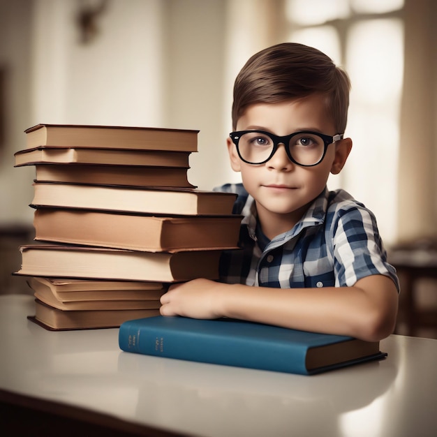 Retour à l'école un petit garçon pile de livres désireux d'apprendre sur la table