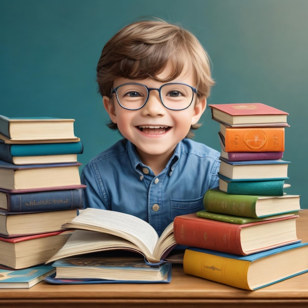 Retour à l'école un petit garçon précoce avec des lunettes et une pile de livres désireux d'apprendre sur la table