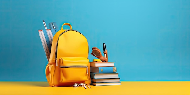 Retour à l'école Sac à dos jaune avec des livres et des trucs scolaires sur fond bleu