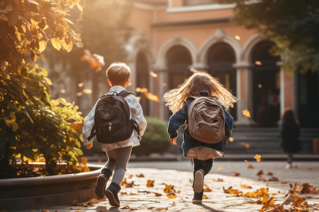 Retour à l'école Étudiants avec des sacs à dos arrivant à l'école vue arrière