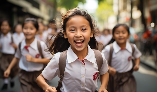 Le retour des élèves de l'école primaire portant des uniformes rouges et blancs à l'école