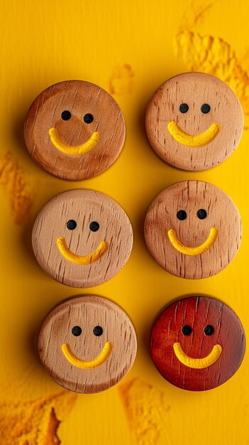 Photo retour sur le sourire boutons en bois avec des sourires sur fond jaune papier peint vertical mobile
