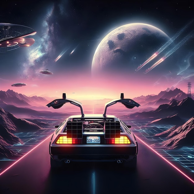 Photo retour vers le futur delorean volant dans l'espace ondes synthétiques art numérique